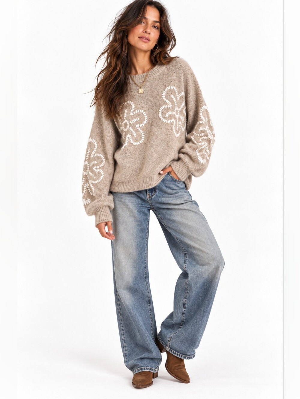 Parker Floral Embroidered Crewneck Sweater Beige Cream Size M